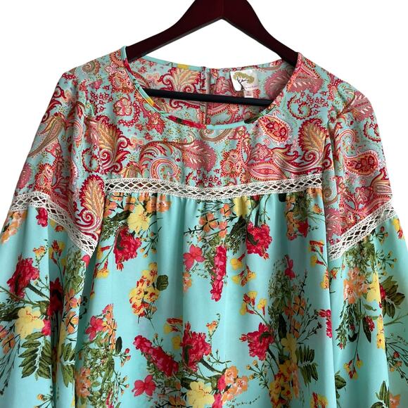 Fig & Flower Women Top S Turquoise Floral Boho Cottage Grandma Peasant Hippie‎ - Picture 5 of 11